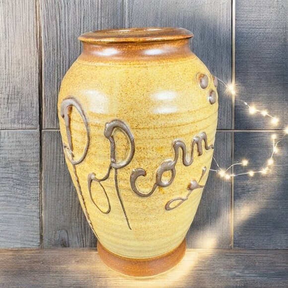 Hand Made Studio Art Pottery Vase Vessel Popcorn Brown Stoneware Vase Signed - Picture 1 of 13